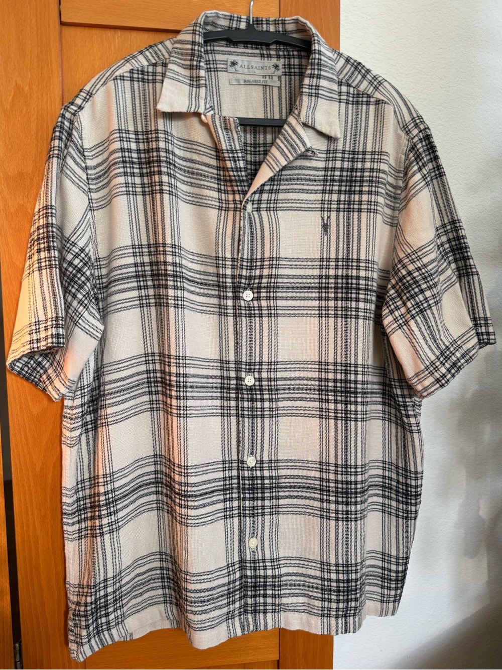 All Saints Men’s Cream & Black Plaid Short Sleeve Button-Up